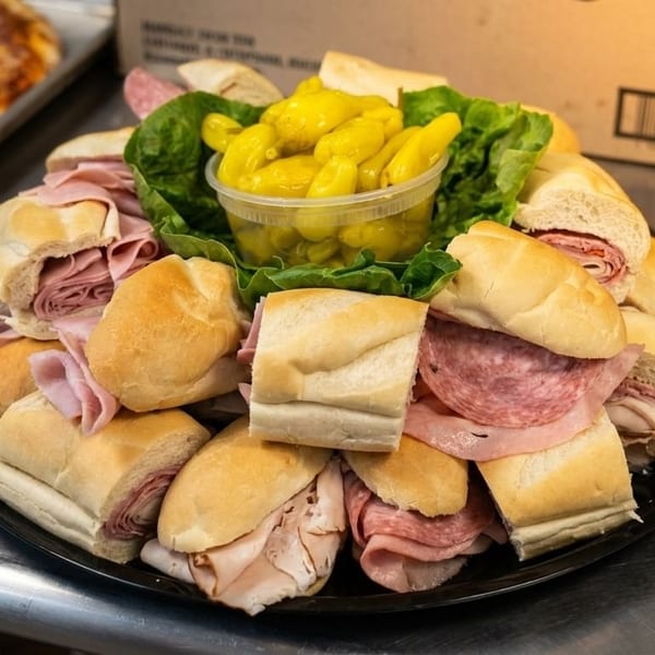 A catering platter of assorted sub sandwiches with a container of yellow peppers and lettuce in the center.