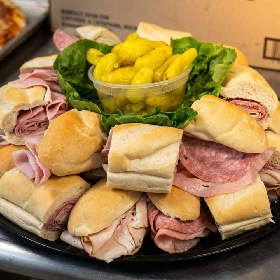 A catering platter of assorted sub sandwiches with a container of yellow peppers and lettuce in the center.