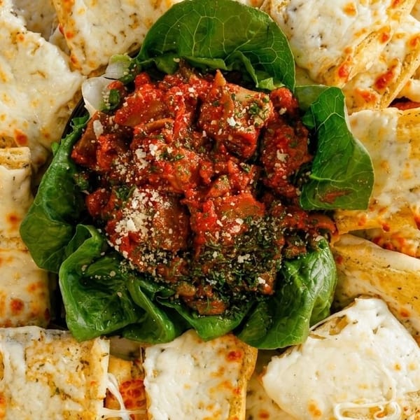 A platter of cheesy garlic bread slices surrounds a bowl of red marinara sauce with greens.