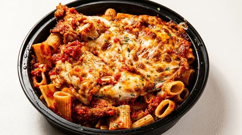 Baked ziti with melted cheese and red sauce in a black bowl.