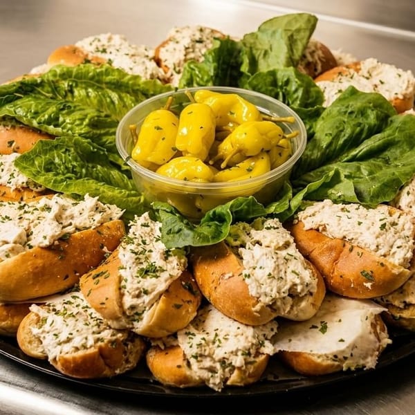 A catering platter of chicken salad sliders with lettuce and a container of pickled peppers.