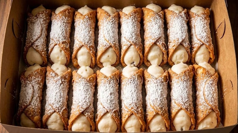 A dozen cannoli with powdered sugar and cream filling arranged in a cardboard box.