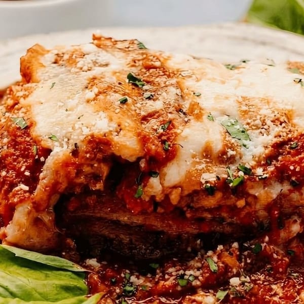 Close-up of eggplant parmesan with melted cheese, rich red sauce, and fresh basil on a white plate.