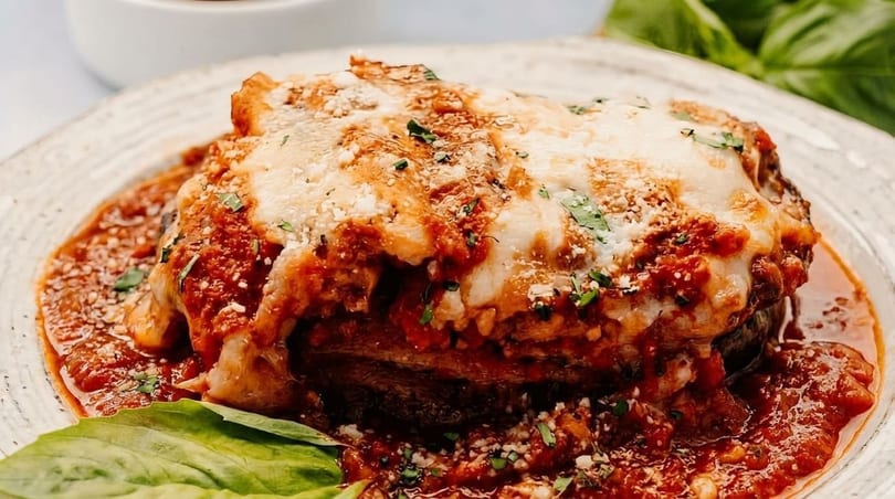 Close-up of eggplant parmesan with melted cheese, rich red sauce, and fresh basil on a white plate.